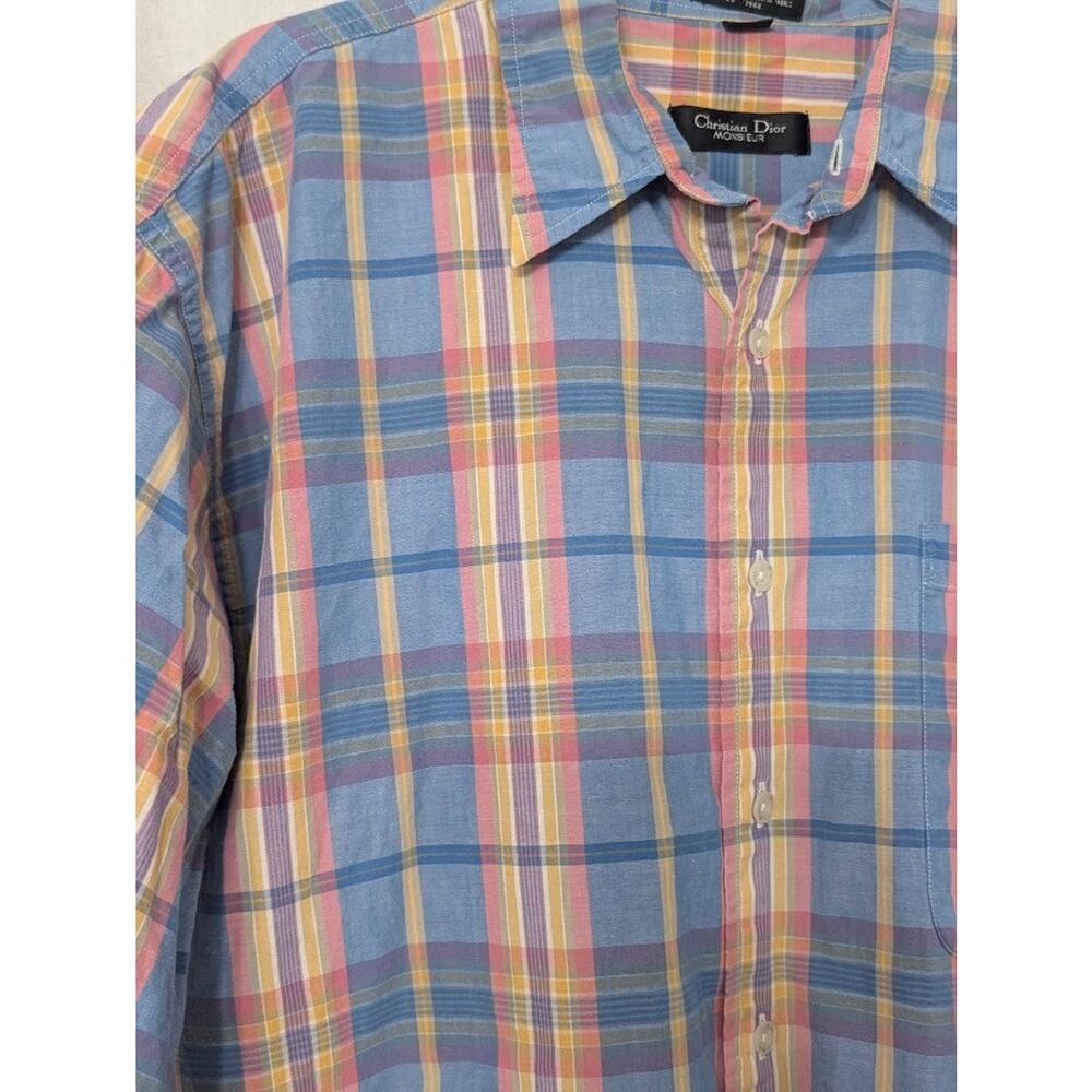 Vintage Christian Dior Monsieur Size Large Pastel Plaid Button Down Shirt S/S